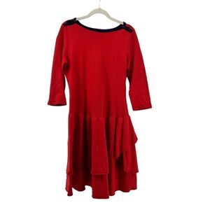 Lauren Jeans Co. Ruffle Hem Dress 3/4 Sleeve Knit Casual‎ Classic Holiday Red PS